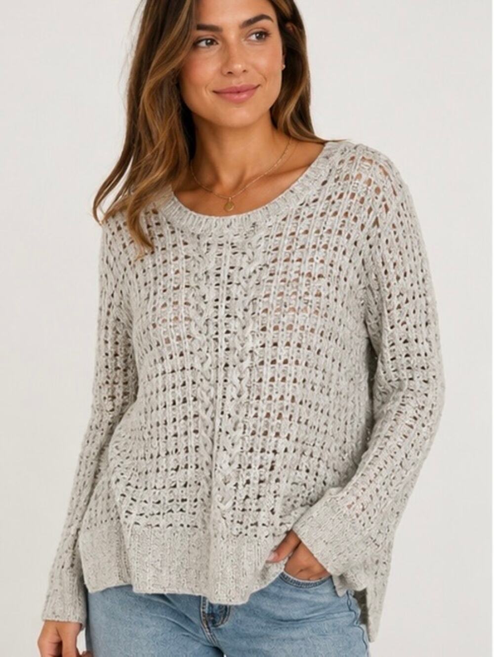 Coco + Carmen Beige Crochet Knit Sweater Large Boho Open Weave Long Sleeve Top